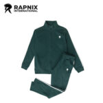 Dark Green Front Zipper Tracksuit with White Stripes – Premium Fleece Activewear