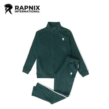 Dark Green Front Zipper Tracksuit with White Stripes – Premium Fleece Activewear