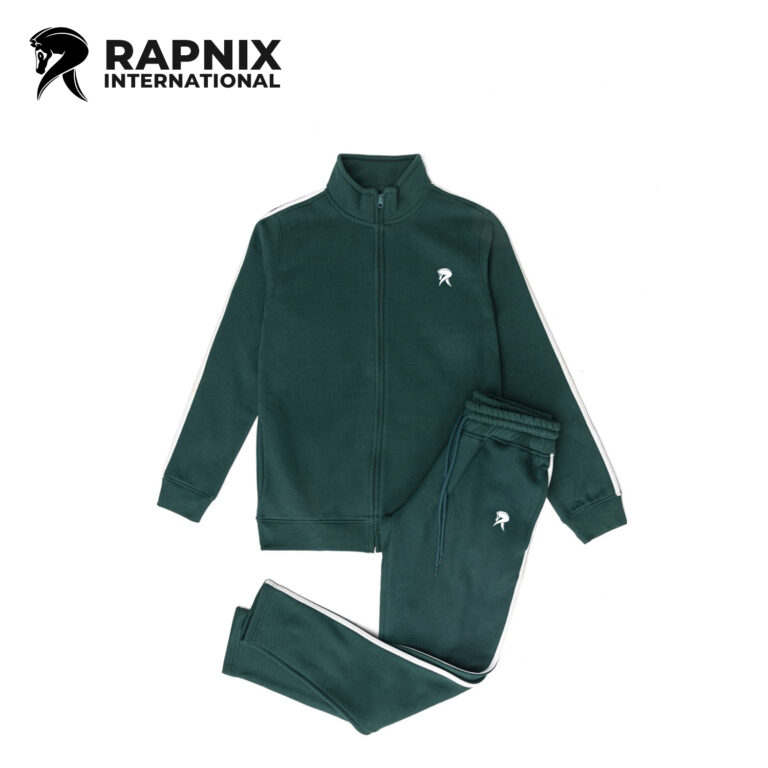 Dark Green Front Zipper Tracksuit with White Stripes – Premium Fleece Activewear
