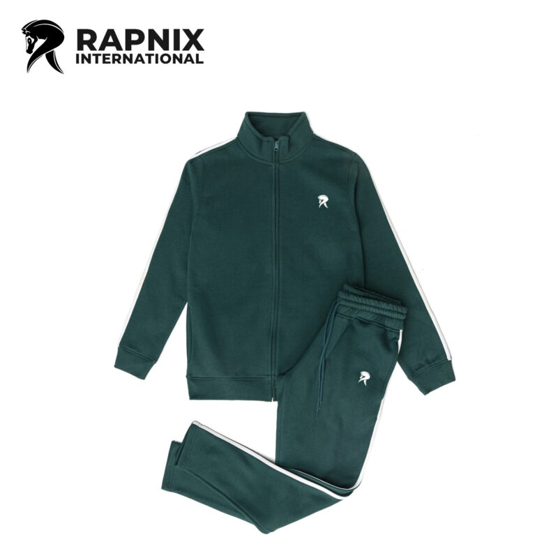 Dark Green Front Zipper Tracksuit with White Stripes – Premium Fleece Activewear
