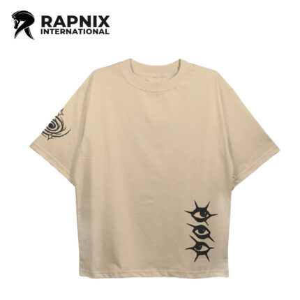Ivory oversized T-shirt with black DTF eye design and soft combed cotton fabric