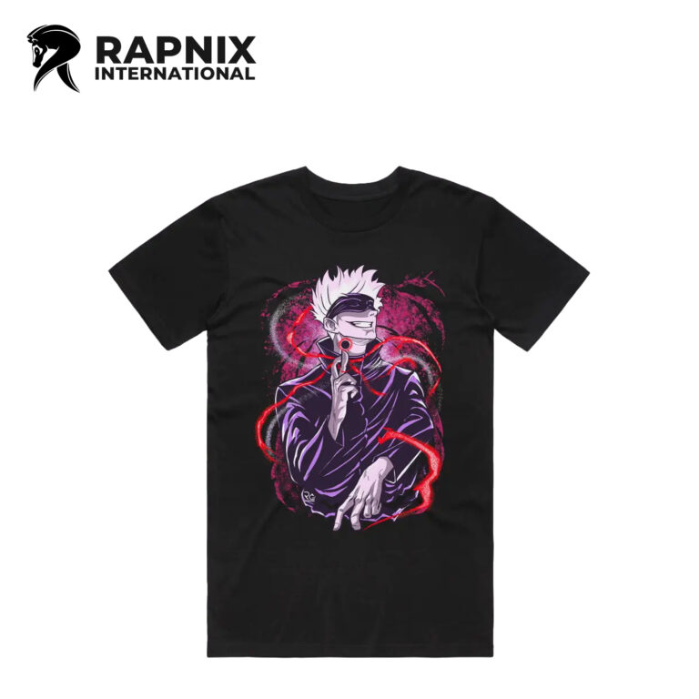 Black Satoru Gojo anime T-shirt with vibrant red and purple printed design on 100% cotton fabric