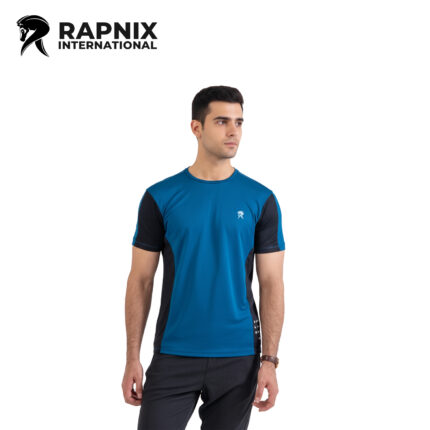 Men’s teal front panel cut & sew gym T-shirt made from breathable mesh jersey fabric with short sleeves