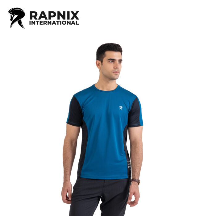 Men’s teal front panel cut & sew gym T-shirt made from breathable mesh jersey fabric with short sleeves