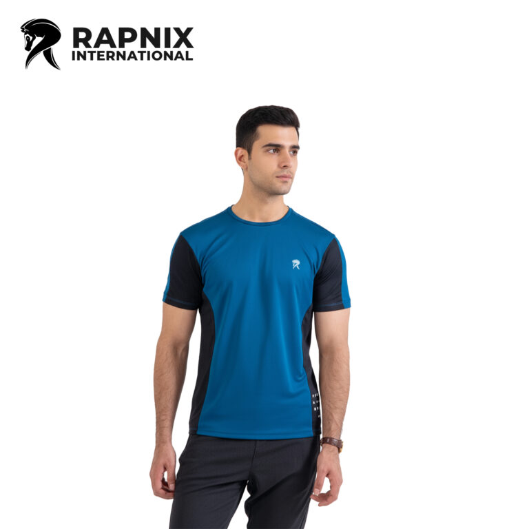 Men’s teal front panel cut & sew gym T-shirt made from breathable mesh jersey fabric with short sleeves