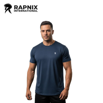 Men’s teal cut & sew gym T-shirt with heat-sealed logo, athletic fit, and quick-dry polyester-elastane fabric