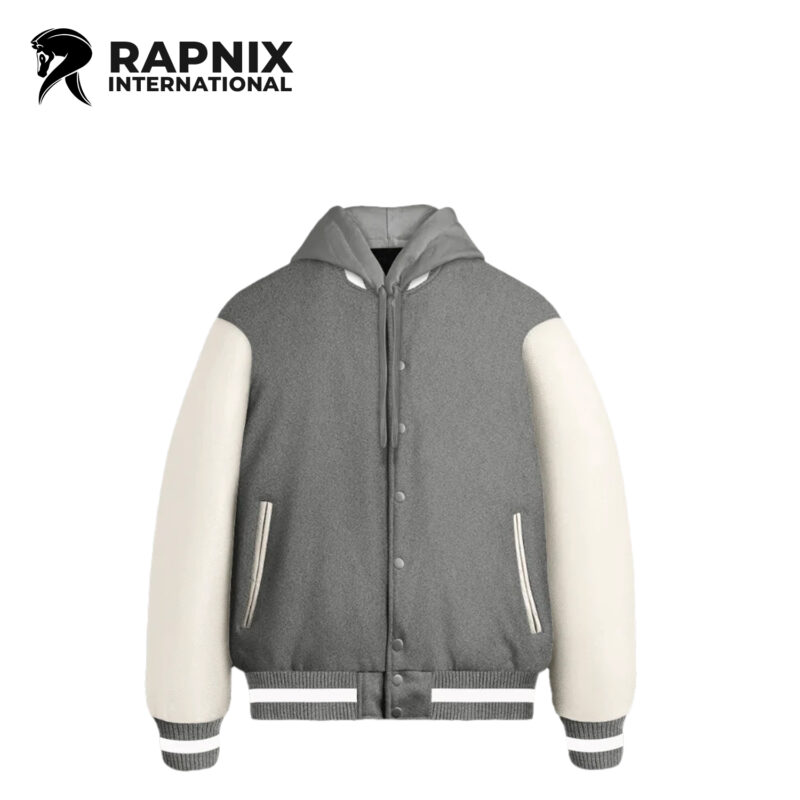 Custom varsity jacket with wool body, leather sleeves, and front snap closure — personalized letterman design.