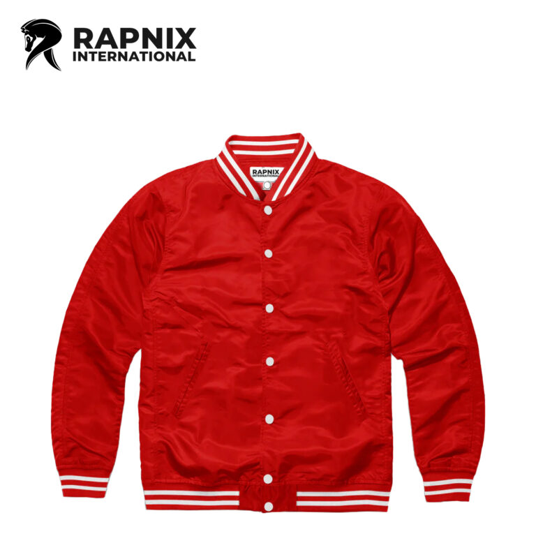 Red unisex letterman jacket with matte satin finish, tackle twill lettering, and ribbed varsity collar and cuffs.