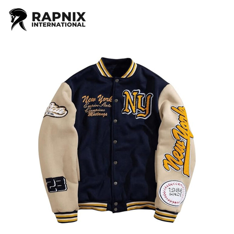 Men’s letter graphic varsity jacket with striped trim, button closure, and color-block sleeves.