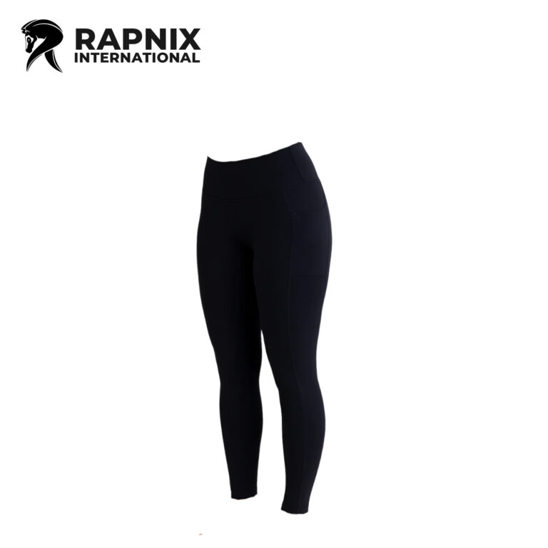 Ladies black leggings with side pockets, wide waistband, and 4-way stretch cotton blend fabric.