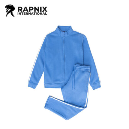 Royal blue men’s tracksuit with front zipper, white stripe detailing, and fleece fabric