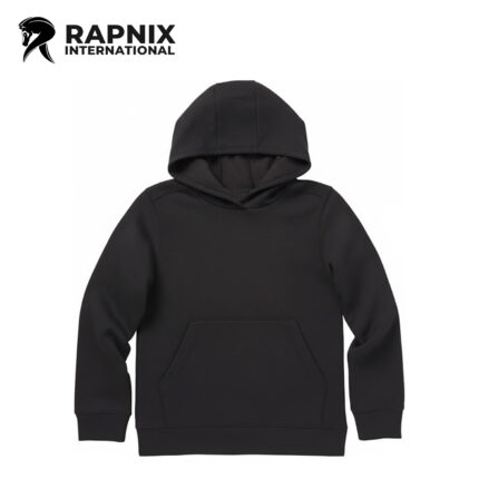Long sleeve cotton blend fleece hooded sweatshirt with rib cuffs and front pouch pocket