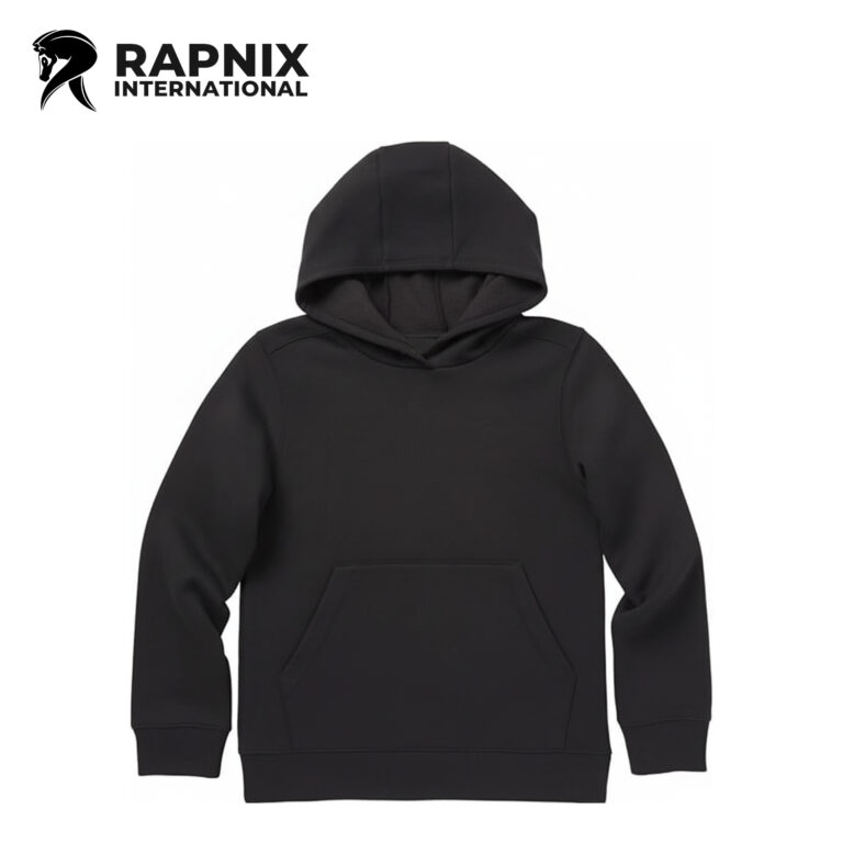 Long sleeve cotton blend fleece hooded sweatshirt with rib cuffs and front pouch pocket