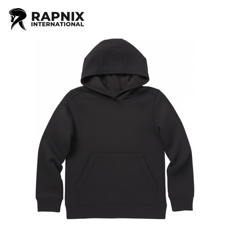 Long sleeve cotton blend fleece hooded sweatshirt with rib cuffs and front pouch pocket