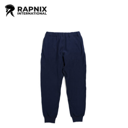 Dark navy fleece sweatpants with soft fleece lining, elastic waistband, and ribbed ankle cuffs
