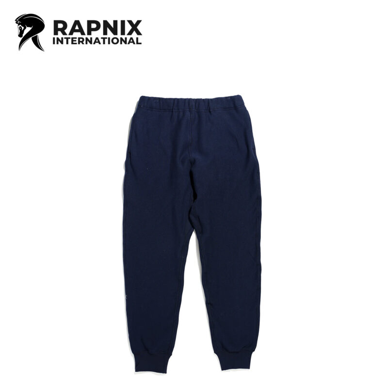 Dark navy fleece sweatpants with soft fleece lining, elastic waistband, and ribbed ankle cuffs