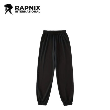 Black cotton fleece sweatpants with loose baggy fit and ribbed cuffs for winter warmth