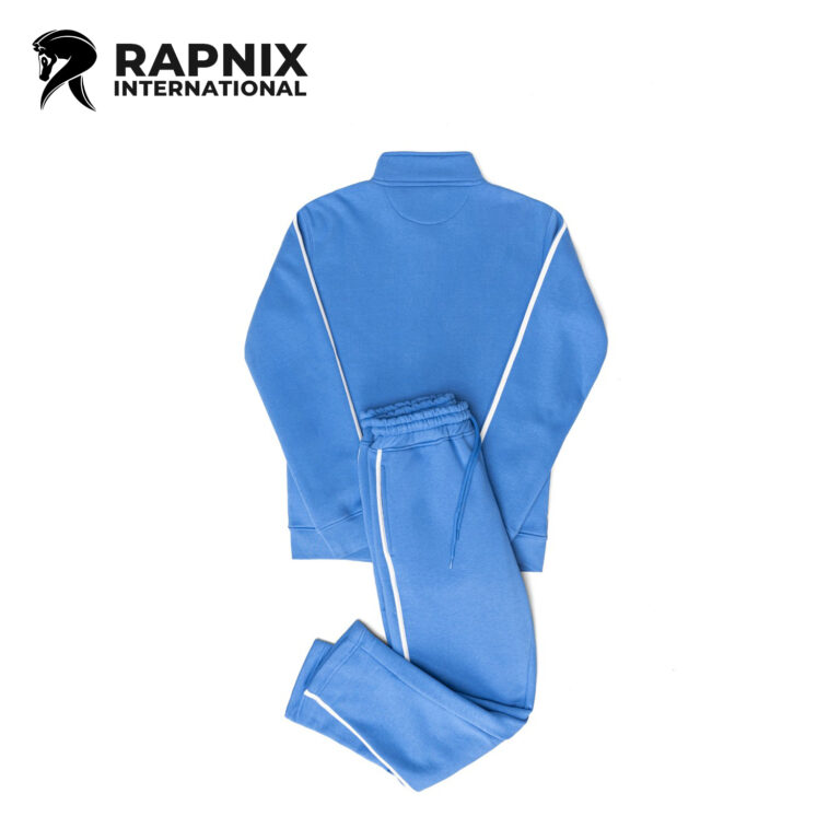 Royal blue men’s tracksuit with front zipper, white stripe detailing, and fleece fabric