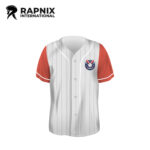 Custom white pinstripe baseball jersey with red sleeves, V-neck collar, and team logo by RAPNIX INTERNATIONAL.