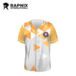 Custom yellow and white geometric baseball jersey with abstract triangle pattern, full-button front, and RAPNIX INTERNATIONAL branding.