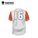 Custom white pinstripe baseball jersey with red sleeves, V-neck collar, and team logo by RAPNIX INTERNATIONAL.